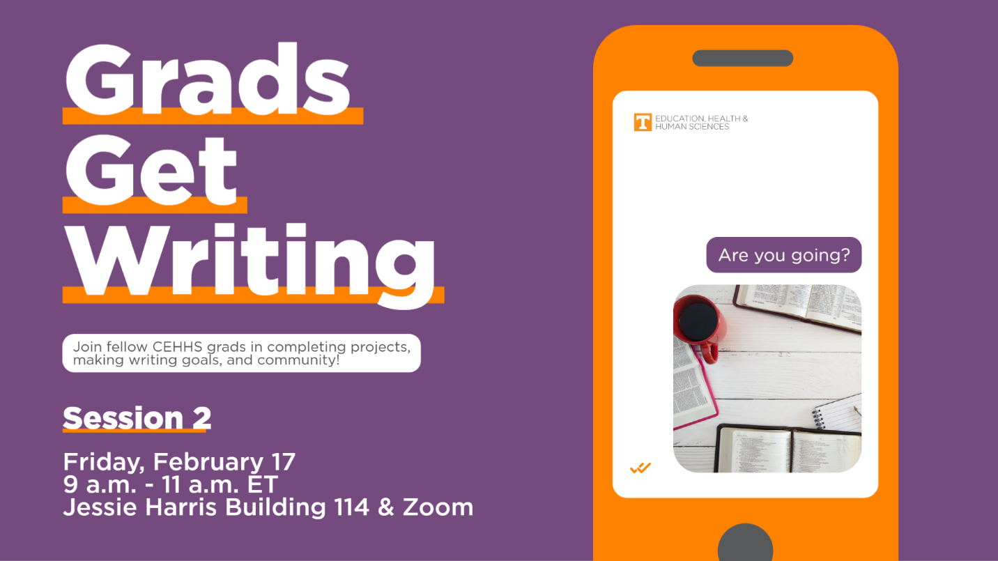 Purple background. Advertising text on the left side of the image in white and orange. All information included in the email. A graphic cellphone on the right side of the image with text messages show. One message says "Are you going?" The other is an image of books and a red coffee mug on a white wooden desk. 